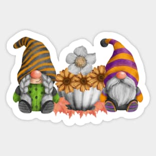 Cute Garden Gnomes with Fall Leaves, a Pumpkin and Flowers Sticker